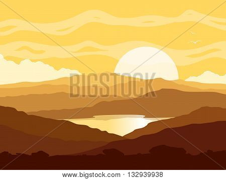 Mountain landscape with huge lake at yellow sunset. Wild nature at sunset. Vector illustration.