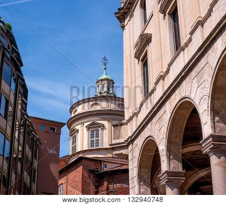 View of the dome of the church of San Fedele in Milan Italy. View from the square Filippo Meda.