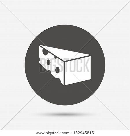 Cheese sign icon. Slice of cheese symbol. Triangle cheese with holes. Gray circle button with icon. Vector