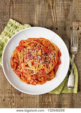 close up of rustic italian bucatini amatriciana