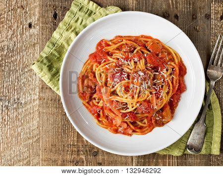 close up of rustic italian bucatini amatriciana