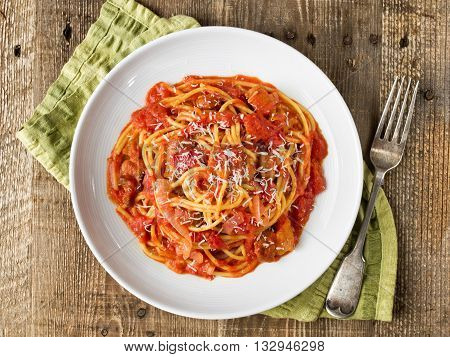 close up of rustic italian bucatini amatriciana