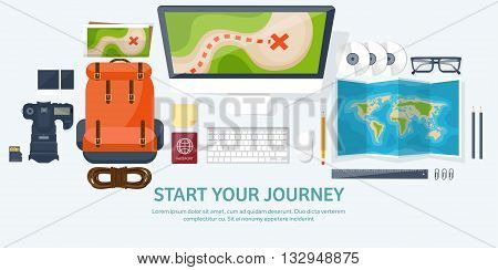 Travel and tourism. Flat style. World, earth map. Globe. Trip, tour, journey, summer holidays. Travelling, exploring worldwide. Adventure, expedition. Table, workplace. Traveler. Navigation or route planning.