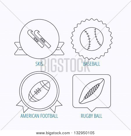 Sport fitness, rugby ball and baseball icons. American footbal, skis linear signs. Award medal, star label and speech bubble designs. Vector