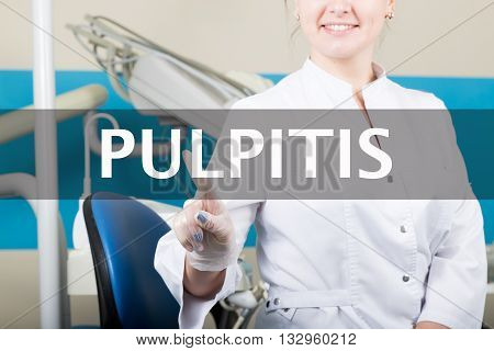 technology, internet and networking in medicine concept - medical doctor presses pulpitis button on virtual screens. Internet technologies in medicine.