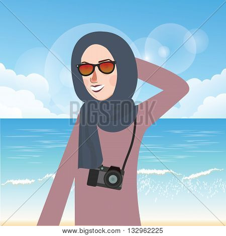 woman wear hijab and glasses casual in beach while bring cammera vector