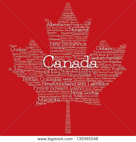 Maple Leaf Mad Of Cities And States Of Canada In Vector Format. Can You Find Your Hometown?