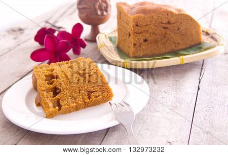 Ma Lai Gou-Traditional malaysia steamed cake on plate and banana leaf.
