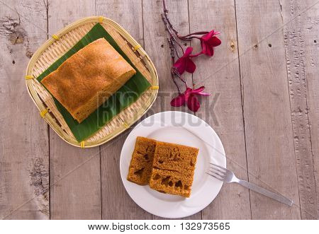 Ma Lai Gou-Traditional malaysia steamed cake on plate and banana leaf.