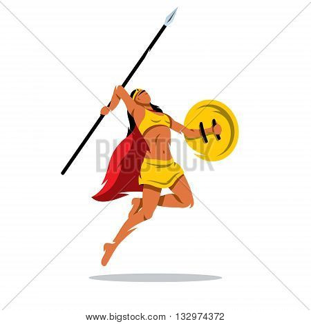 A woman with a shield and sword jumping in a yellow dress isolated on a white background