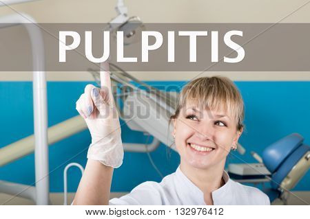 technology, internet and networking in medicine concept - medical doctor presses pulpitis button on virtual screens. Internet technologies in medicine.