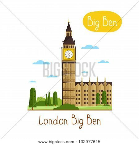 London Big Ben. Famous world landmarks icon concept. Journey around the world. Big Ben vector icon. Tourism and vacation theme. Modern design flat vector illustration. Big Ben isolated on white background.