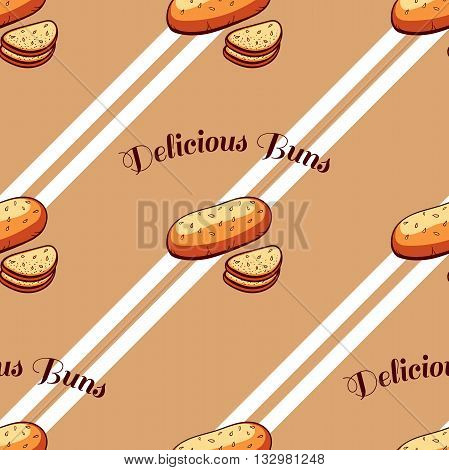 Seamless pattern made from hand drawn bread and text on brown background. Vector illustration.