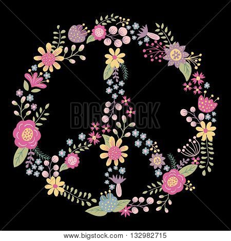 vector illustration of a peace sign made of bright hand drawn floral elements on a black background