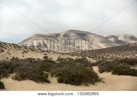 The Desert Landscape Costa Calma On Fuerteventura. Canary Island. Spain