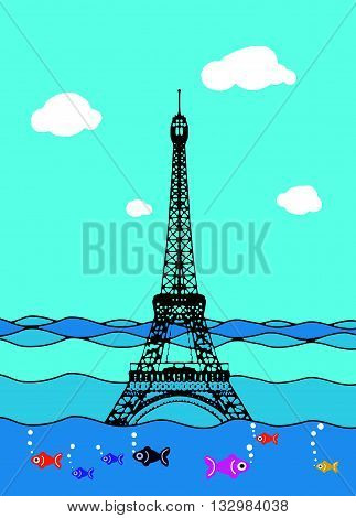 Eiffel Tower Flood. France Attraction Underwater.disaster In Paris France