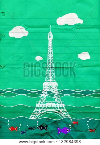Eiffel Tower Flood. France Attraction Underwater.disaster In Paris France