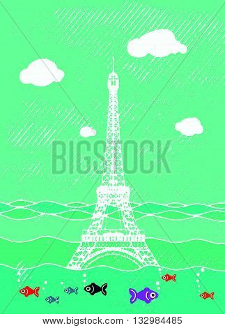 Eiffel Tower Flood. France Attraction Underwater.disaster In Paris France