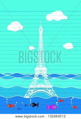 Eiffel Tower Flood. France Attraction Underwater.disaster In Paris France