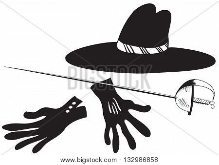 Illustration of black hat with gloves and epee