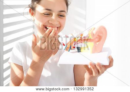 How is made the human ear? The girl is watching a model of the human auditory