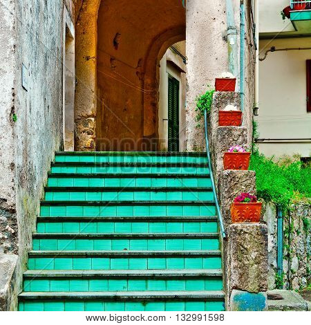 Narrow Alley with Stairs in Italian City of Cetara