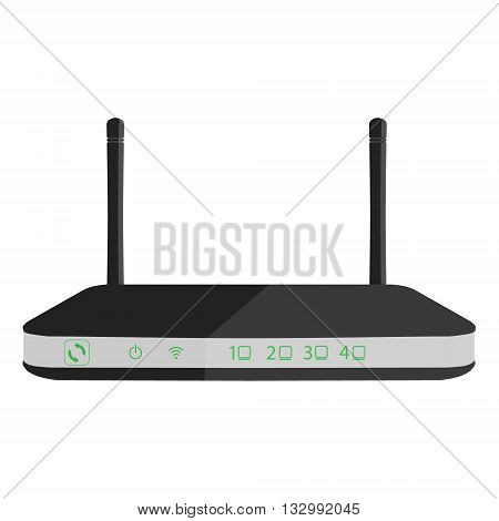 Vector illustration black realistic wireless router with the antenna front view. Wi-Fi router detailed