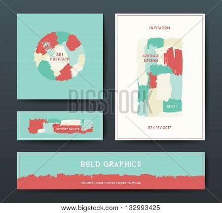 Modern grunge brush design templates, wedding invitation, banner, art vector cards design in soft colors