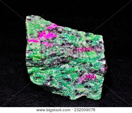 Ruby Corindone In Fuchsite Mineral Green Stone On Black Background