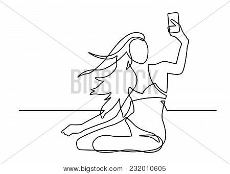 Continuous Line Drawing Of Woman Making Selfie Photo On The Beach. Vector Illustration