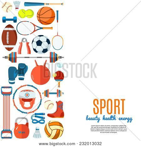 Banner Of Sport Balls And Gaming Equipment. Background For Promotional Posters, Advertising Flyers, 
