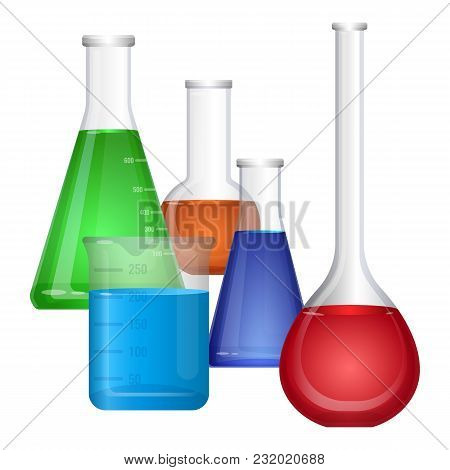 Set Of Chemical Flasks With Colorful Fluids, Erlenmeyer Conical, Flat-bottomed Laboratory Flask With