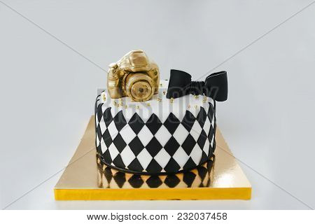 Black And White Birthday Cake For Photographer On White Background. With Russion Inscription Happy B