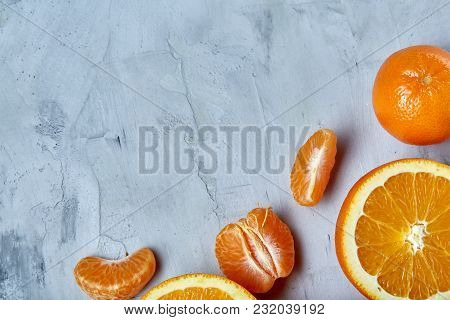 Variety Of Fresh Citrus For Making Juice Or Smoothie Over Light Textured Background, Topview, Select