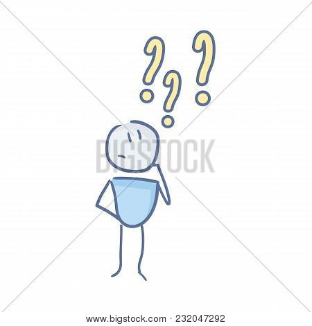 Little Character Is Thinking Under Question Marks. Doubts And Questions Concepts. Problem Solving. V