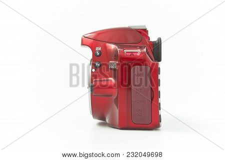 Gomel, Belarus - March 20, 2018: Nikon 3200 Camera In Red On A White Background.