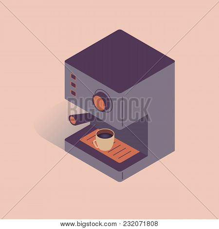 Vector Illustration With 3d Electric Coffee Machine. Coffee Equipment In Isometric Flat Style On Pin