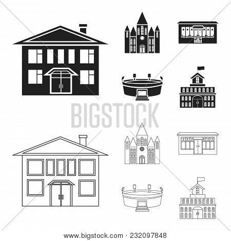 House Of Government, Stadium, Cafe, Church.building Set Collection Icons In Black, Outline Style Vec