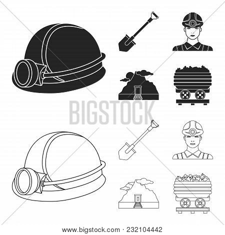 A Shovel, A Miner, An Entrance To A Mine, A Trolley With Coal.mine Set Collection Icons In Black, Ou