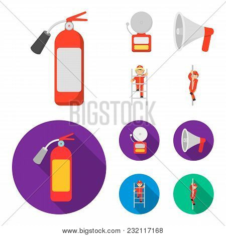 Fire Extinguisher, Alarm, Megaphone, Fireman On The Stairs. Fire Departmentset Set Collection Icons 