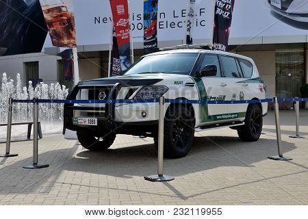 Dubai, Uae - November 17: The Nissan Patrol Of Dubai Police Car Is On Dubai Motor Show 2017 On Novem