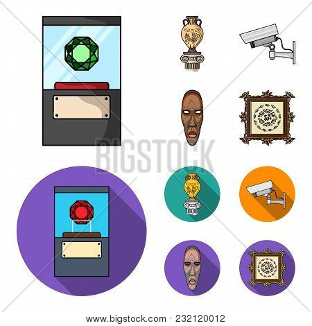 A Diamond, A Vase On A Stand, A Surveillance Camera, An African Mask. Museum Set Collection Icons In