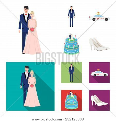 Wedding And Attributes Cartoon , Flat, Outline, Black Icons In Set Collection For Design.newlyweds A