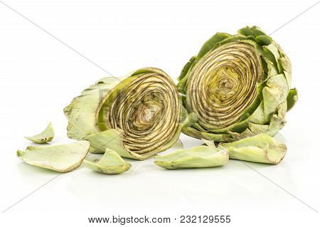 Globe Artichoke Cut In Two Halves Isolated On White Background Raw Fresh
