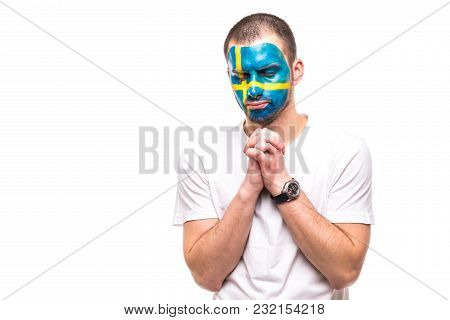 Handsome Man Supporter Fan Of Sweden National Team Painted Flag Face Get Unhappy Sad Frustrated Emoi