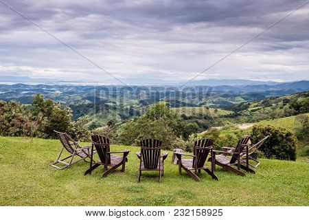 Mountain View From Farm In Cunha, Sao Paulo. Mountain Range In The Background With Green Hills