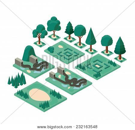 Mini Forest Scene With Road And Tunnel Isometric Icons Vector Illustration Design