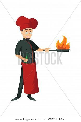 Cook Man In Uniform Standing With Pan And Doing Flambe On White Background.