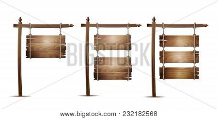 Set Of Empty Wooden Board Sign Hanging On A Rope Isolated On White. Vector Illustration