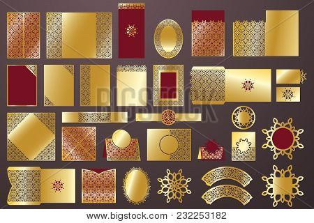 Wedding Invitation Frame Set. Collection Of Laser Cut Template. Ornate Openwork Card Design. Wedding